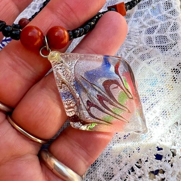 Vintage Art Glass & Genuine Red Jasper Stone Seed Bead Choker Necklace - Picture 11 of 12